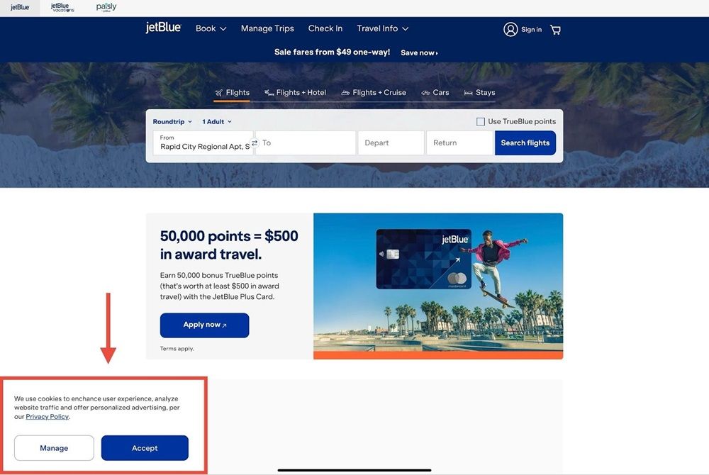 JetBlue Airways cookie consent banner