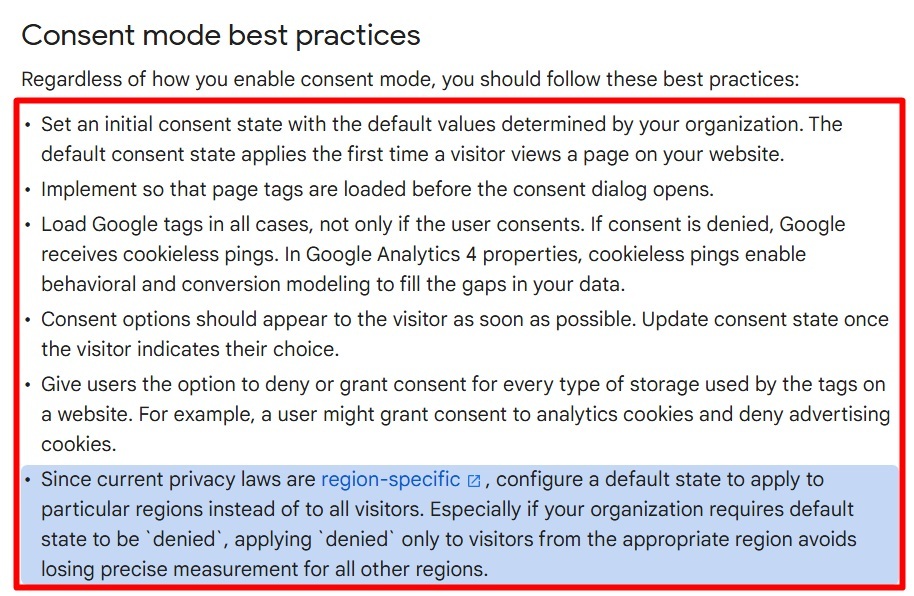 Google Analytics Help: Consent mode best practices excerpt