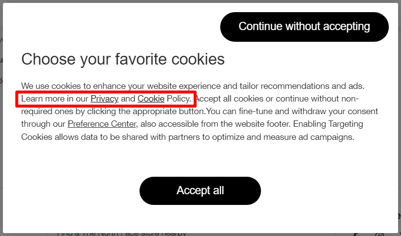 North Face cookie consent notice